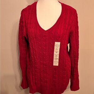 Red V-Neck Cable Knit Sweater
